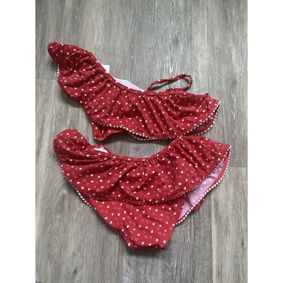 Janie and Jack Little Girl's & Girl's red 2-Piece hearts Ruffle Swimsuit Sz 8 - Picture 8 of 16
